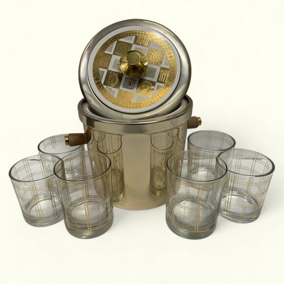 Georges Briones Gold Tone Ice Bucket w 6 Mid Century Plaid Print Rocks Glasses - Picture 8 of 10
